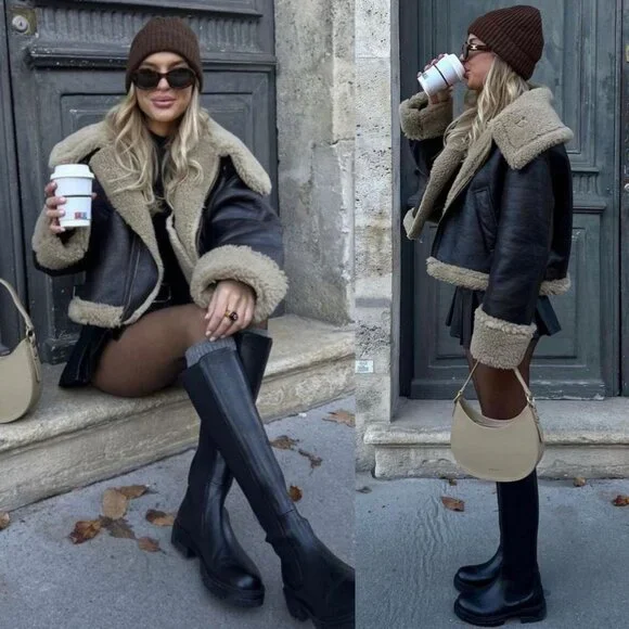 Zara Double Faced Jacket ZW Collection Sherpa Faux Fur Dark Brown Biker Size S - Picture 4 of 16